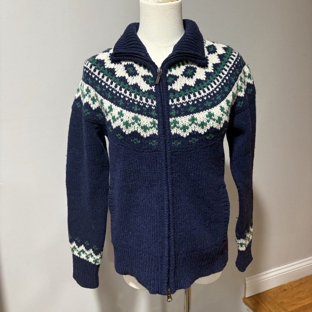 L.L.Bean Fair Isle 100%‎ Lambswool Full Zip Cardigan Sweater Womens XS Navy Blue